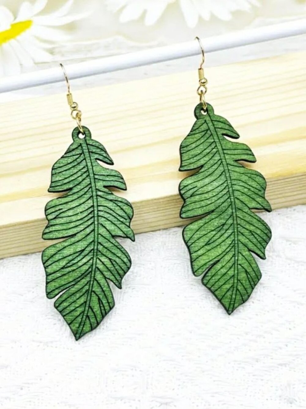 Boho Green Leaf Wood Earrings | Lightweight Statement Dangles | NWT - Picture 3 of 7